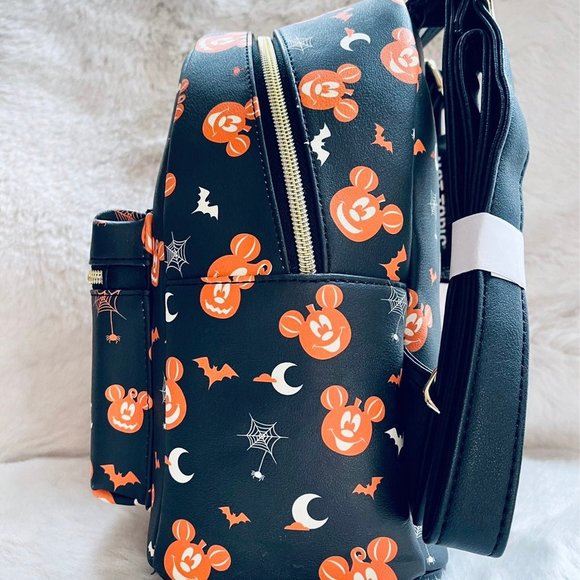 NWT Loungefly Disney Mickey Mouse Face Pumpkin AOP Halloween Bat Spider Web Moon - Picture 4 of 5
